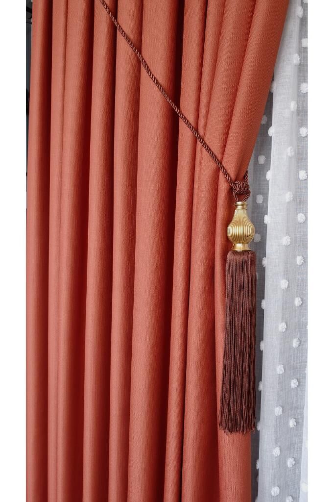 Keten Dokulu Sütlü Kahve Pano Fon Perde Lüks Ağır Gramajlı Tek Kanat 1/3 Sık Pileli Düz Renk Turuncu 35978 - 120 x 250