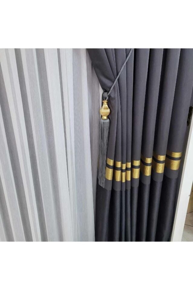 Pano Fon Perde Antrasit Koyu Gri Altın Şeritli Tek Kanat Sık Pileli Jakarlı Modern100 X 260