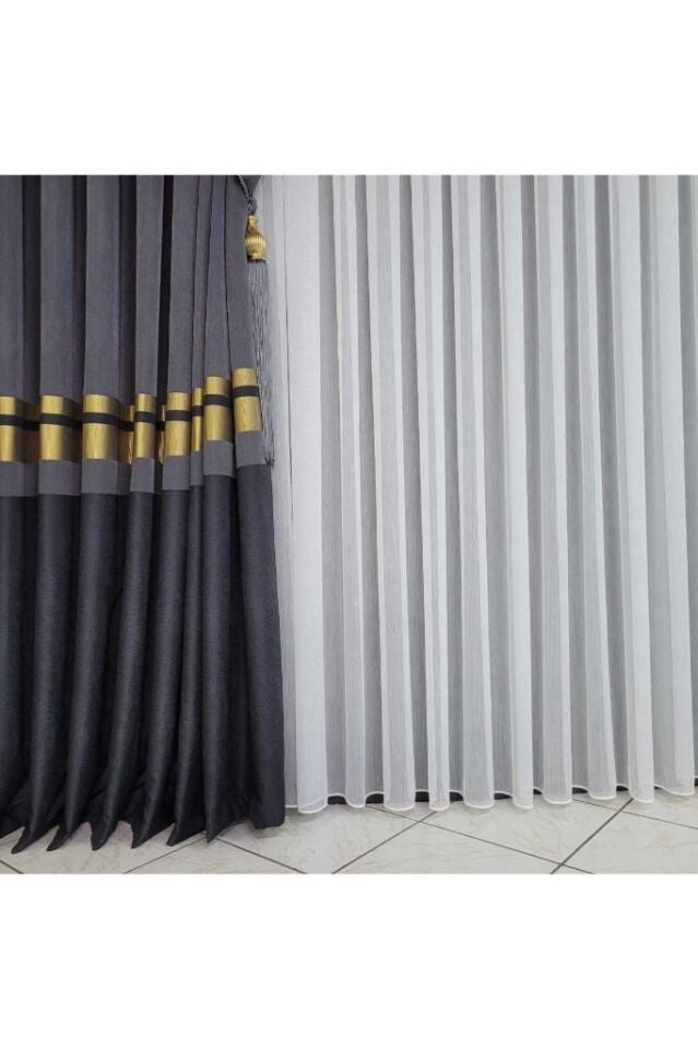 Pano Fon Perde Antrasit Koyu Gri Altın Şeritli Tek Kanat Sık Pileli Jakarlı Modern100 X 260