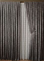 Gri Pano Fon Perde Dikey Çizgi Detay Tek Kanat 1/3 Sık Pileli Lüks Seri Ağır Gramajlı Parlak Kahve - 120 x 270 - Sık Pile ( 1 x 3 ) - Korniş
