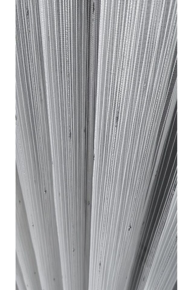 Zincir Tül Perde Dikey Çizgili Gümüş Damla Detaylı 1/3 Sık Pile Kırışmaz Ütü İstemez Eteği Kurşunlu Ekru Gümüş Damla - 280 x 260