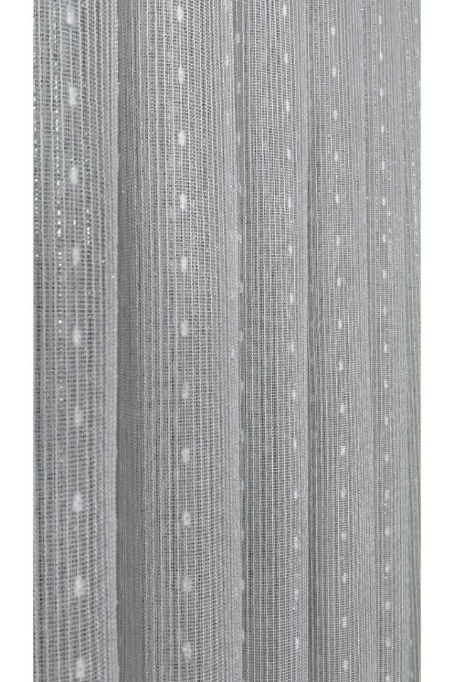 Kar Tanesi Gümüş Simli Dikey Şeritli Tül Perde 1/3 Sık Pile  Ütü İstemez Eteği Kurşunlu Ekru - 250 x 260