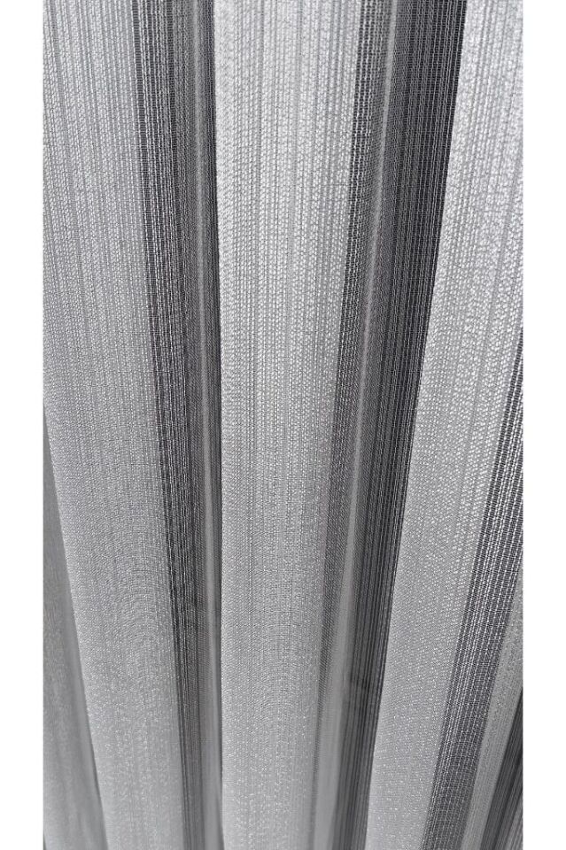Kanada Tül Dikey Şeritli Parlak Tül Perde 1/3 Sık Pile Kırışmaz Ütü İstemez Eteği Kurşunlu Ekru - 120 x 250