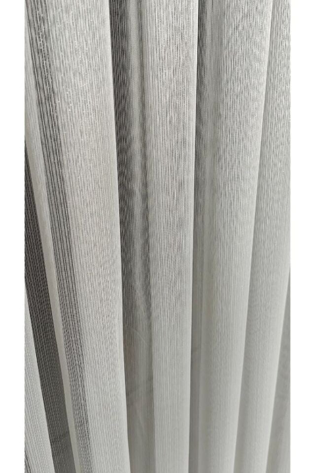 Parlak Armür Tül Perde Dikey Çizgili 1/3 Sık Pile Kırışmaz Ütü İstemez Eteği Kurşunlu Ekru - 120 x 260