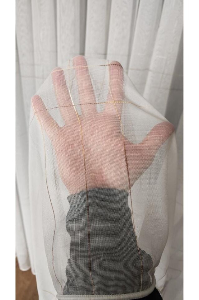 Ekru Bambu Zemin Kahve Çizgili Tül Perde 1/3 Sık Pile Kırışmaz Ütü İstemez Eteği Kurşunlu Ekru - 330 x 250