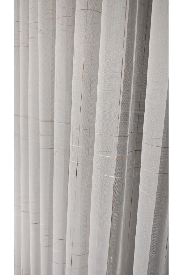 Ekru Bambu Zemin Kahve Çizgili Tül Perde 1/3 Sık Pile Kırışmaz Ütü İstemez Eteği Kurşunlu Ekru - 330 x 250