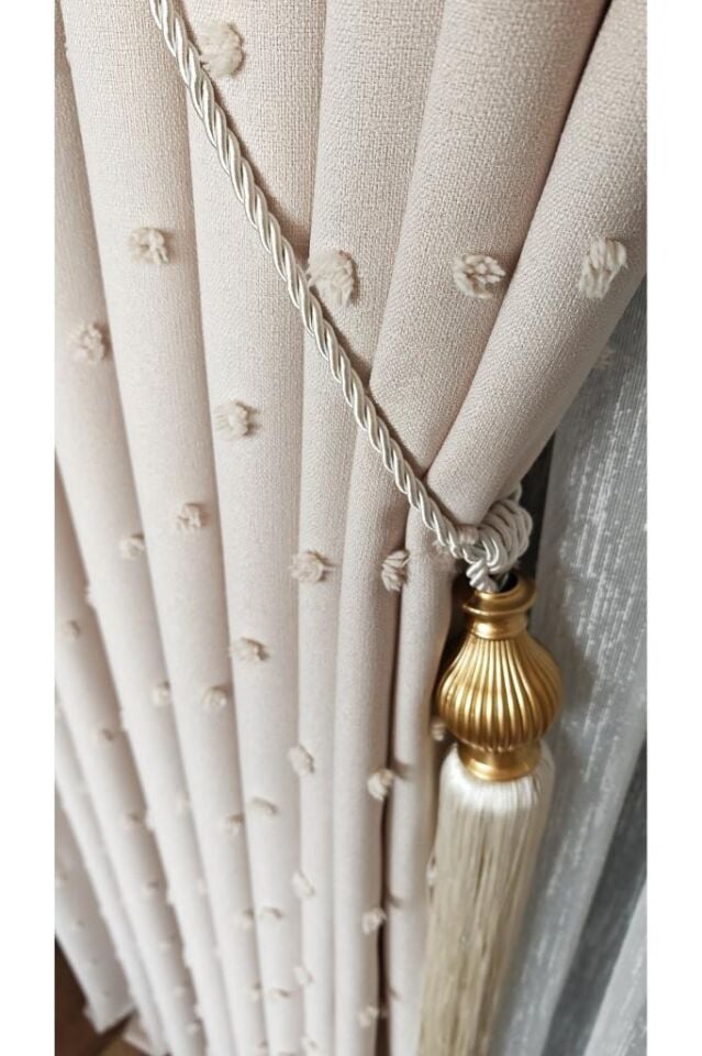 Keten Dokulu Ponponlu Krem Pano Fon Perde Lüks Ağır Gramajlı TEK KANAT 1/3 Sık Pileli Krem V-9 - 90 x 260