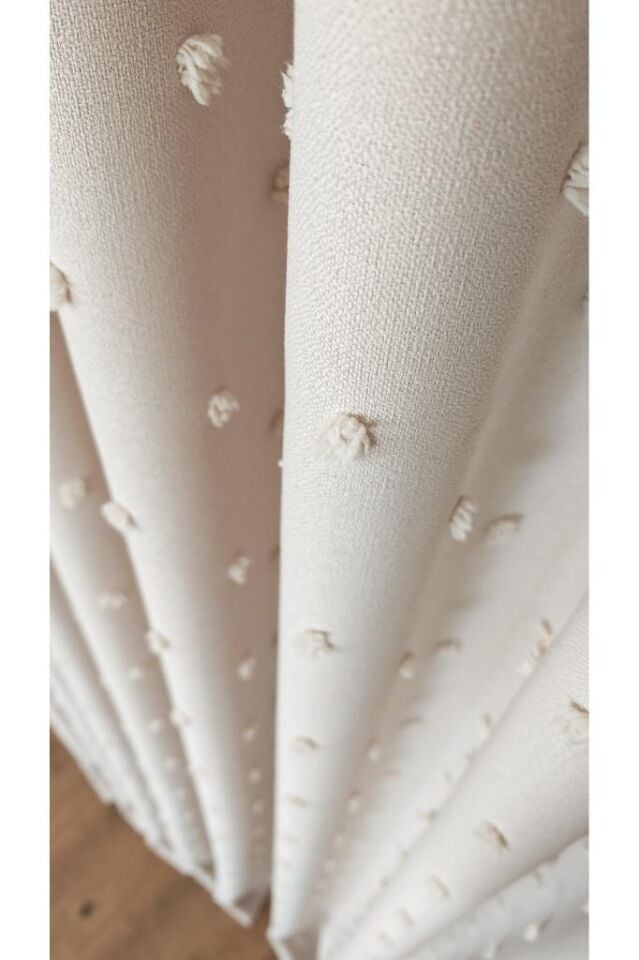 Keten Dokulu Ponponlu Krem Pano Fon Perde Lüks Ağır Gramajlı TEK KANAT 1/3 Sık Pileli Krem V-9 - 90 x 260