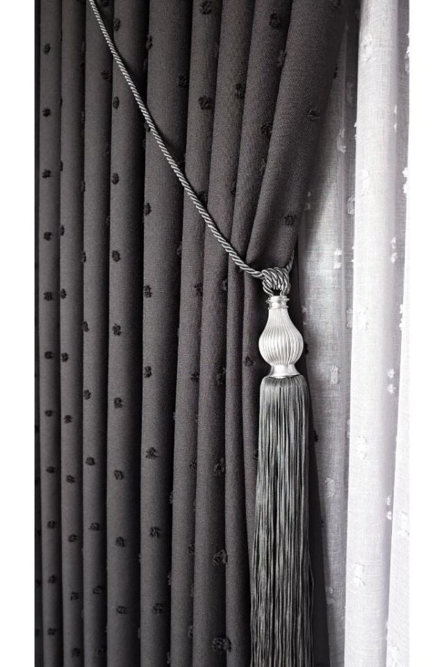 Keten Dokulu Ponponlu Krem Pano Fon Perde Lüks Ağır Gramajlı TEK KANAT 1/3 Sık Pileli Antrasit V-23 - 80 x 260