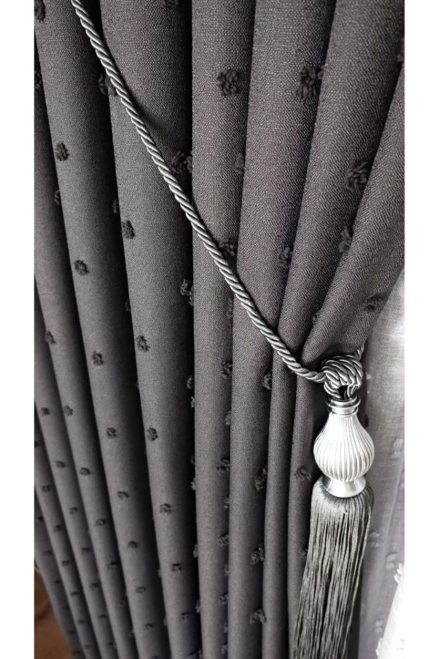 Keten Dokulu Ponponlu Krem Pano Fon Perde Lüks Ağır Gramajlı TEK KANAT 1/3 Sık Pileli Antrasit V-23 - 80 x 260