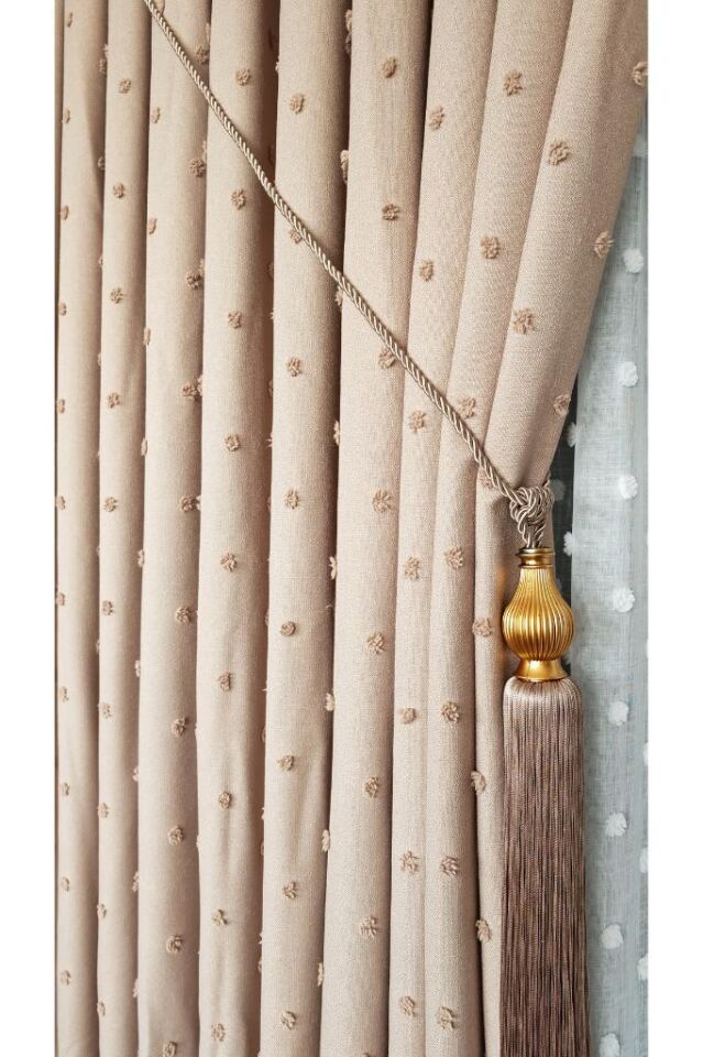 Keten Dokulu Ponponlu Krem Pano Fon Perde Lüks Ağır Gramajlı TEK KANAT 1/3 Sık Pileli Sütlü Kahve V-6 - 120 x 270