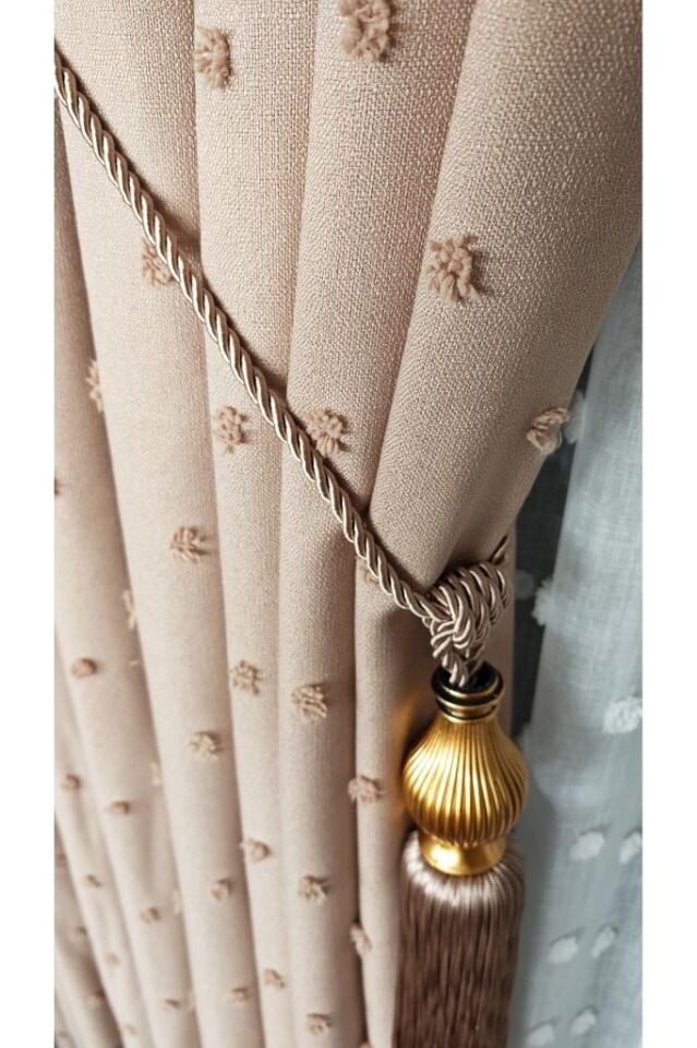 Keten Dokulu Ponponlu Krem Pano Fon Perde Lüks Ağır Gramajlı TEK KANAT 1/3 Sık Pileli Sütlü Kahve V-6 - 120 x 270