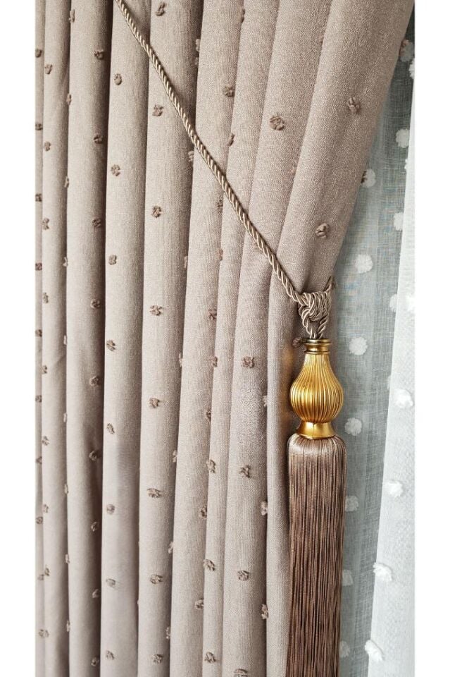 Keten Dokulu Ponponlu Krem Pano Fon Perde Lüks Ağır Gramajlı TEK KANAT 1/3 Sık Pileli Vizon V-5 - 90 x 270