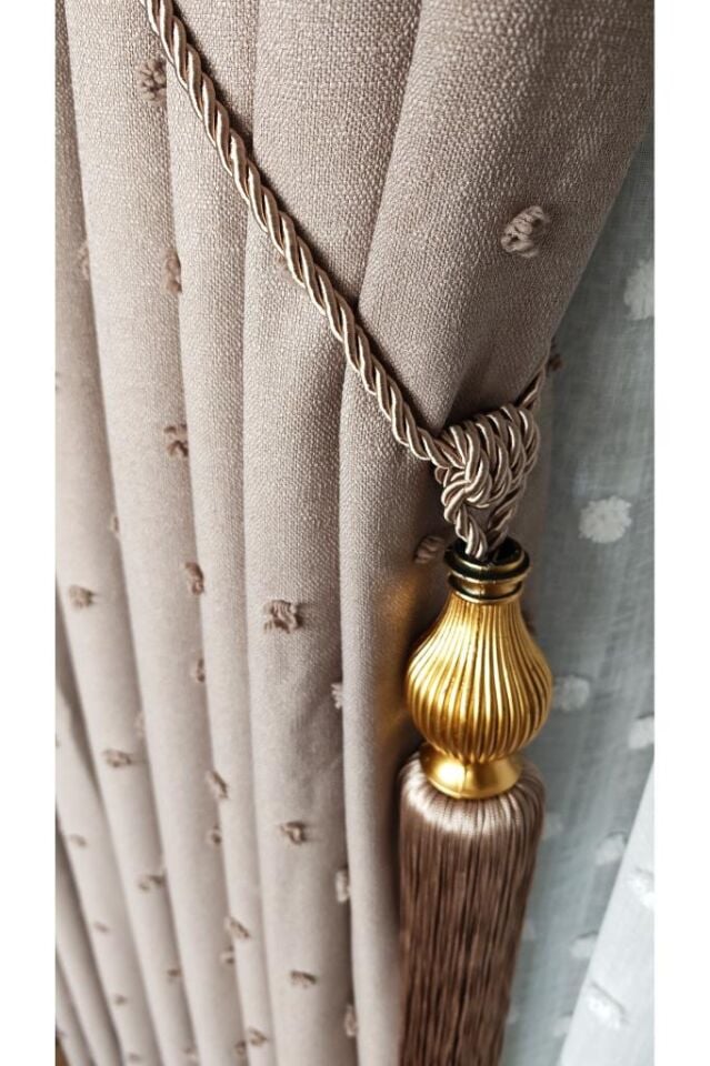 Keten Dokulu Ponponlu Krem Pano Fon Perde Lüks Ağır Gramajlı TEK KANAT 1/3 Sık Pileli Vizon V-5 - 90 x 270