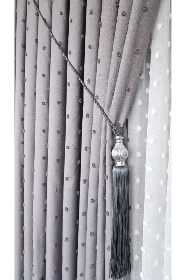 Keten Dokulu Ponponlu Krem Pano Fon Perde Lüks Ağır Gramajlı TEK KANAT 1/3 Sık Pileli Gri V-13 - 90 x 260