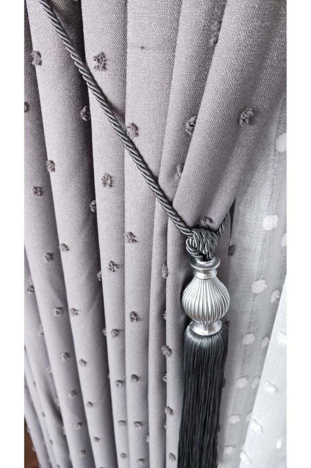 Keten Dokulu Ponponlu Krem Pano Fon Perde Lüks Ağır Gramajlı TEK KANAT 1/3 Sık Pileli Gri V-13 - 90 x 260