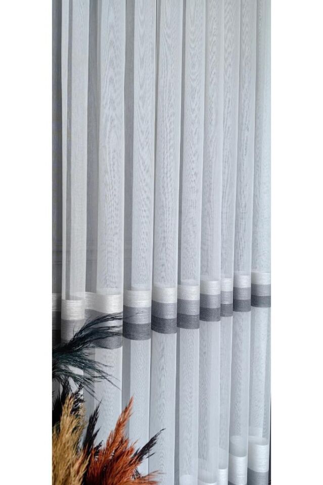 Krem Gri Kahve Yatay Şeritli 1/3 Sık Pile Ekru Tül Perde Kırışmaz Ütü İstemez Gri Şerit - 120 x 250