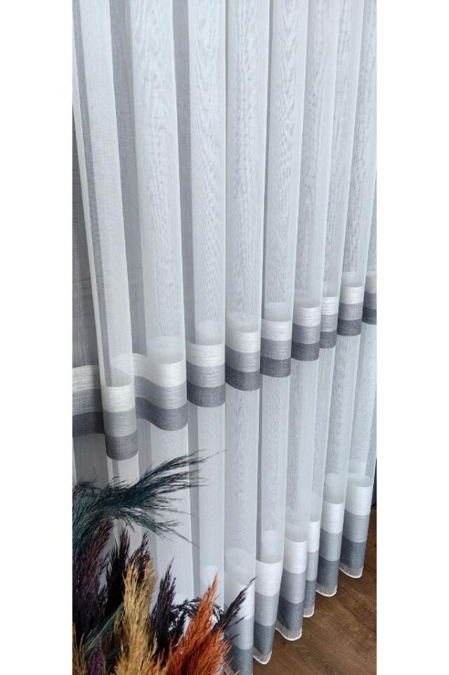 Krem Gri Kahve Yatay Şeritli 1/3 Sık Pile Ekru Tül Perde Kırışmaz Ütü İstemez Gri Şerit - 120 x 250