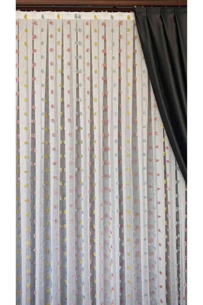 Ekru Keten Tül Perde Renkli Fırfır Detaylı 1/3 Sık Pile Kırışmaz Ütü İstemez Eteği Kurşunlu 3500 Renkli - 180 x 260