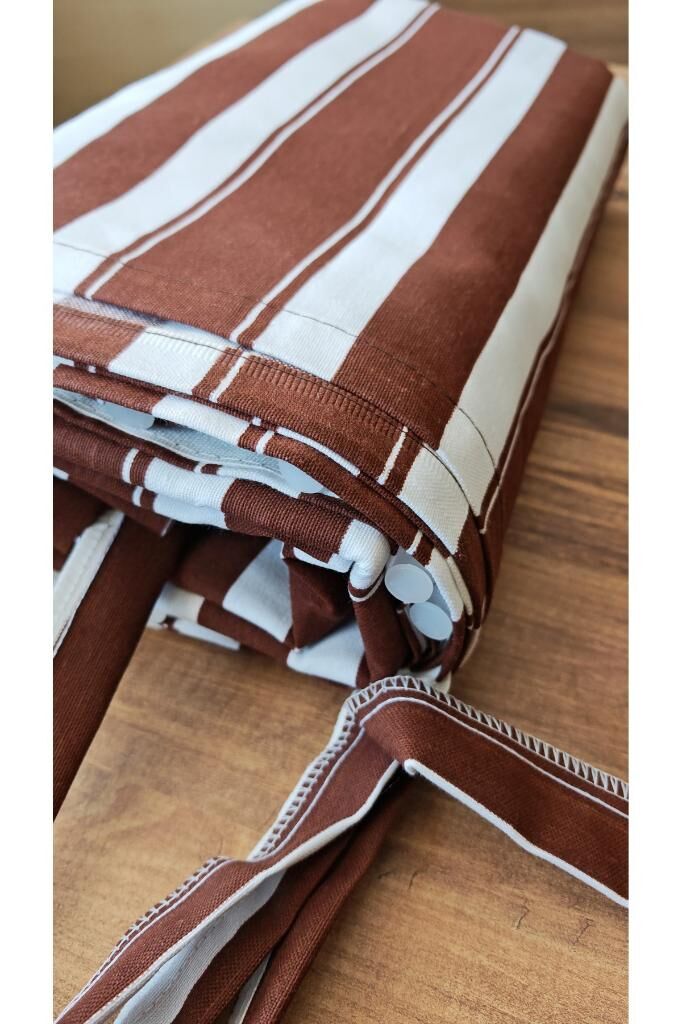 Balkon Perdesi Lüks 1.Sınıf Branda Kumaş EnxBoy Yağmur Geçirmez Kalın Bağcık Düğmeli Balkon Brandası 160 x 230 - Kahve Beyaz