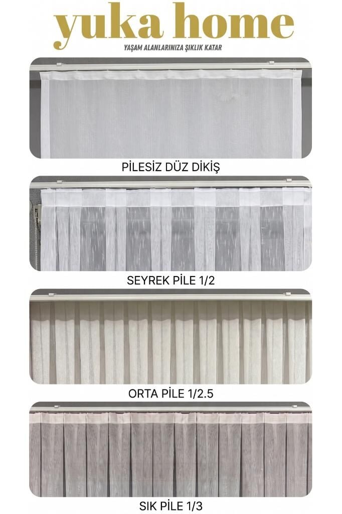 Ekru Keten Dokulu Ponpon Tül Perde 1/3 Sık Pile Renkli Fırfır Detaylı Kırışmaz Ütü İstemez 280 x 240 - Ekru 3500
