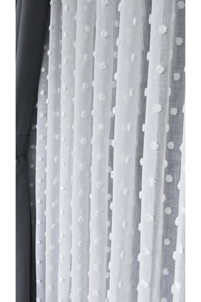 Ekru Keten Dokulu Ponpon Tül Perde 1/3 Sık Pile Renkli Fırfır Detaylı Kırışmaz Ütü İstemez 280 x 240 - Ekru 3500