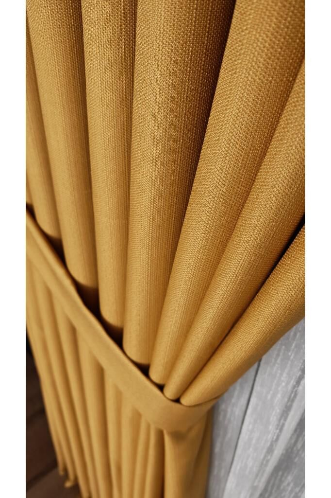 Keten Dokulu Sütlü Kahve Pano Fon Perde Lüks Ağır Gramajlı Tek Kanat 1/3 Sık Pileli Düz Renk Hardal 36182 - 90 x 260