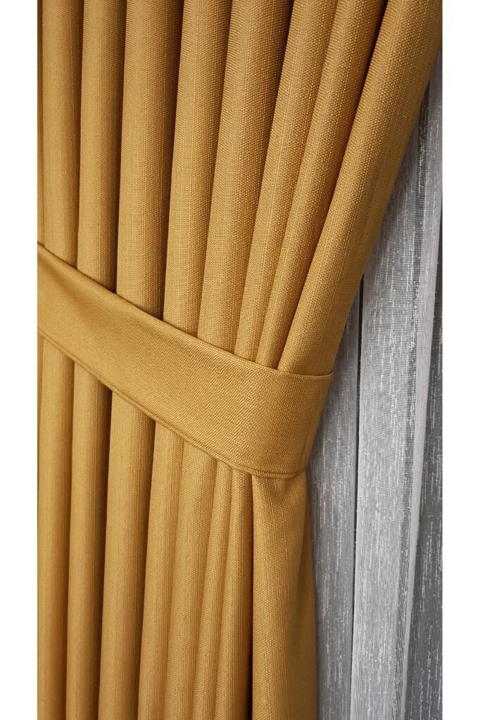 Keten Dokulu Sütlü Kahve Pano Fon Perde Lüks Ağır Gramajlı Tek Kanat 1/3 Sık Pileli Düz Renk Hardal 36182 - 100 x 250