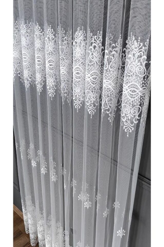 Brode Sonsuz Desen Ara Boş Tül Perde 1/3 Sık Pile Kırışmaz Ütü İstemez Eteği Kurşunlu Ekru - 150 x 260
