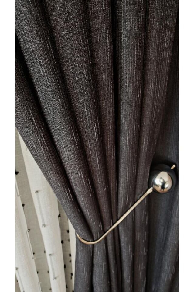 Pano Fon Perde Gri Şantuklu Desen Tek Kanat 1/3 Sık Pileli Lüks Seri Ağır Gramajlı Siyah - 90 x 270