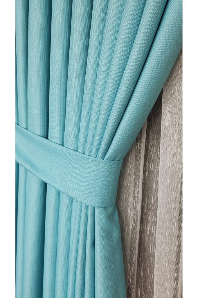 Keten Dokulu Sütlü Kahve Pano Fon Perde Lüks Ağır Gramajlı Tek Kanat 1/3 Sık Pileli Düz Renk Turkuaz 36214 - 80 x 250